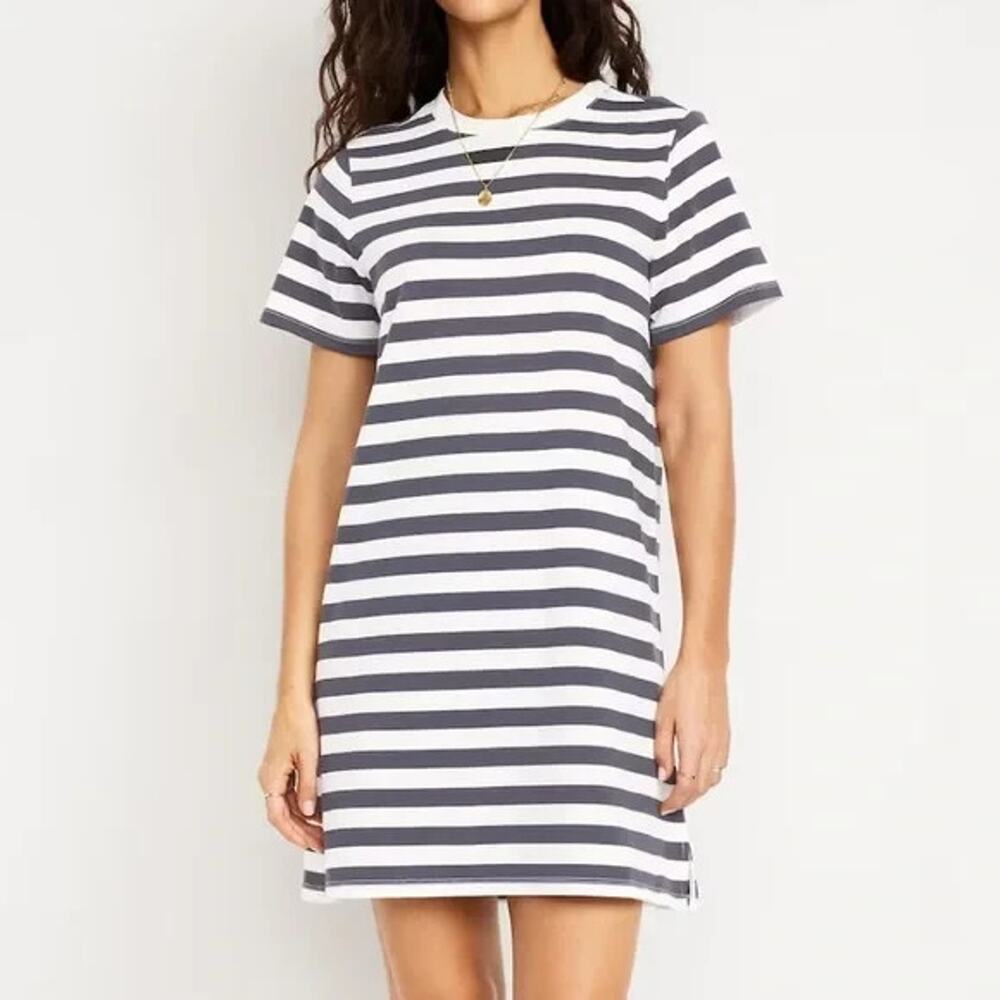Old Navy Striped T Shirt Dress L Gray White Cotton Casual Mini